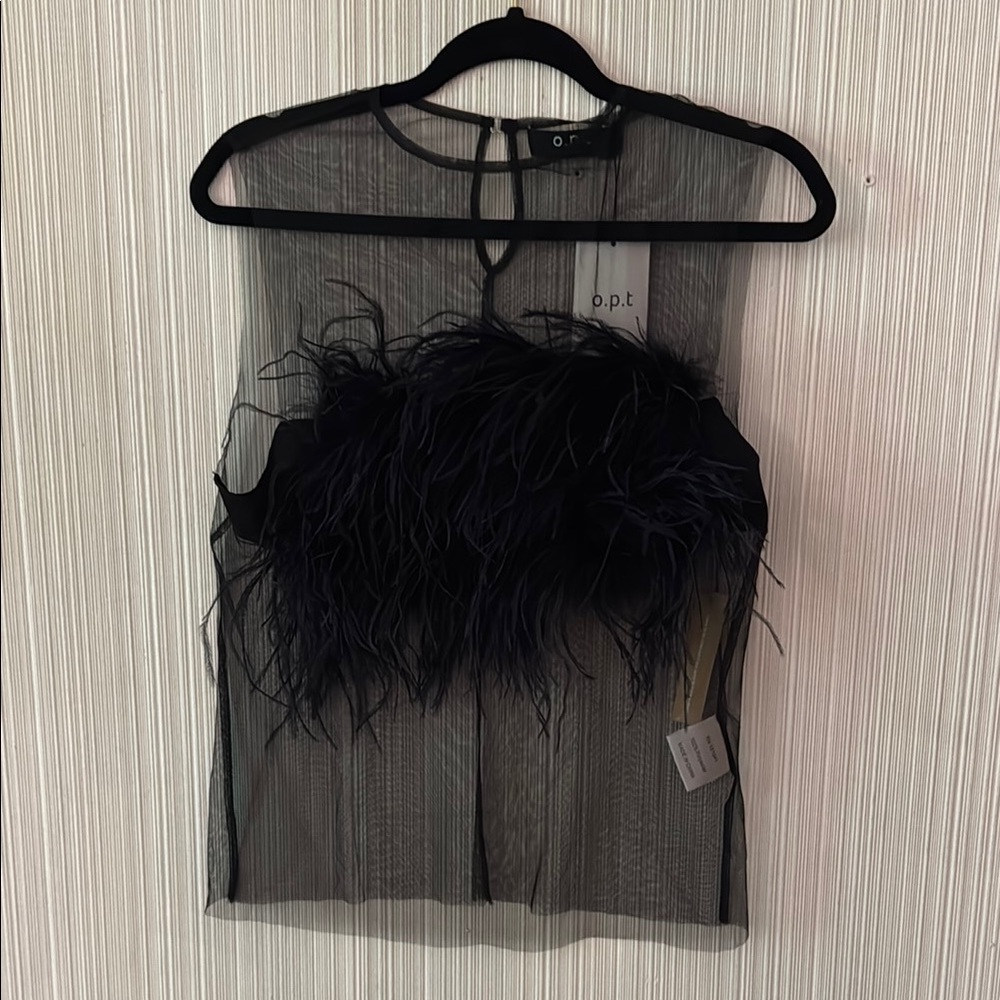 NWT Black Faux Feather Sheer tank top O.p.t.